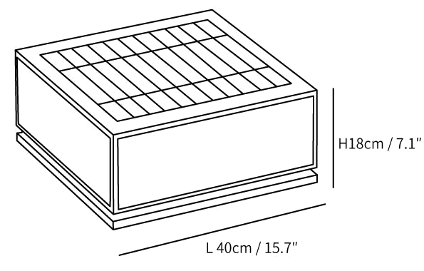 Dimension drawing of the solar Clérachic post light with its solar panel on top, marked 40 cm long and 18 cm high.