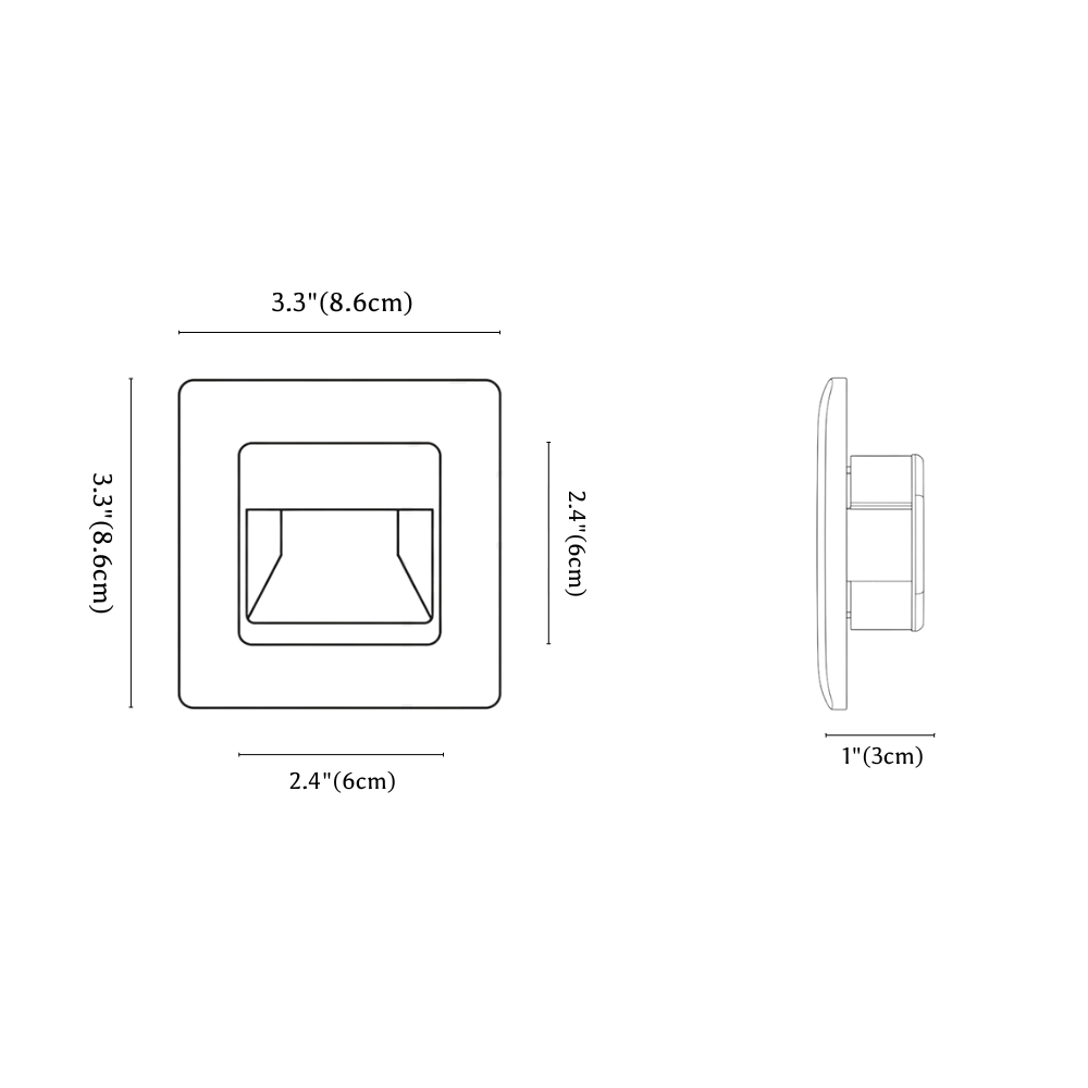 Clérachic stair light dimension drawing, every measurement marked in centimetres and inches.