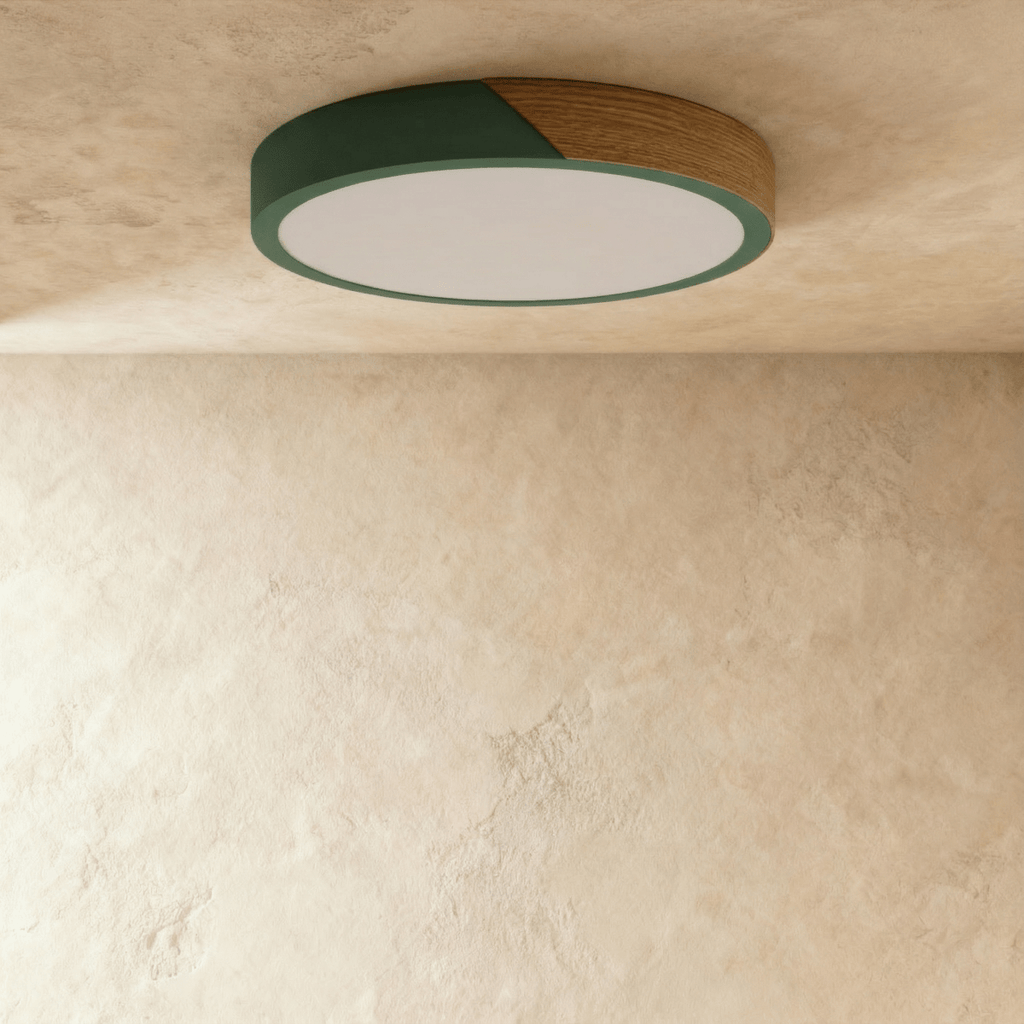 Clérachic round flush ceiling light in deep green and wood, unlit, showing the straight seam where the green band meets the wood section.