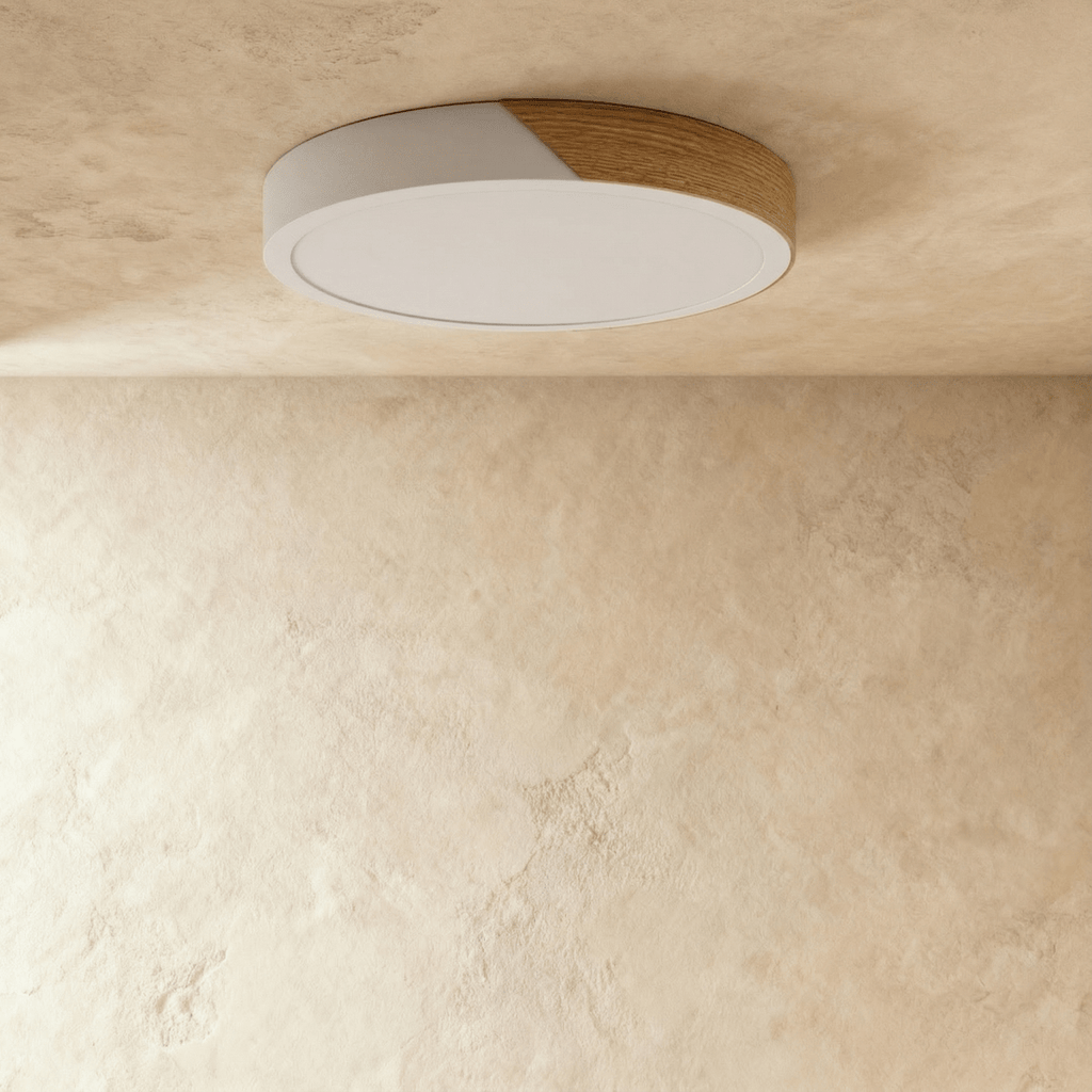 Clérachic round flush ceiling light in white and wood, switched off, with a fine step visible where the diffuser meets the rim.