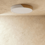 Clérachic round flush ceiling light in white and wood, switched off, with a fine step visible where the diffuser meets the rim.