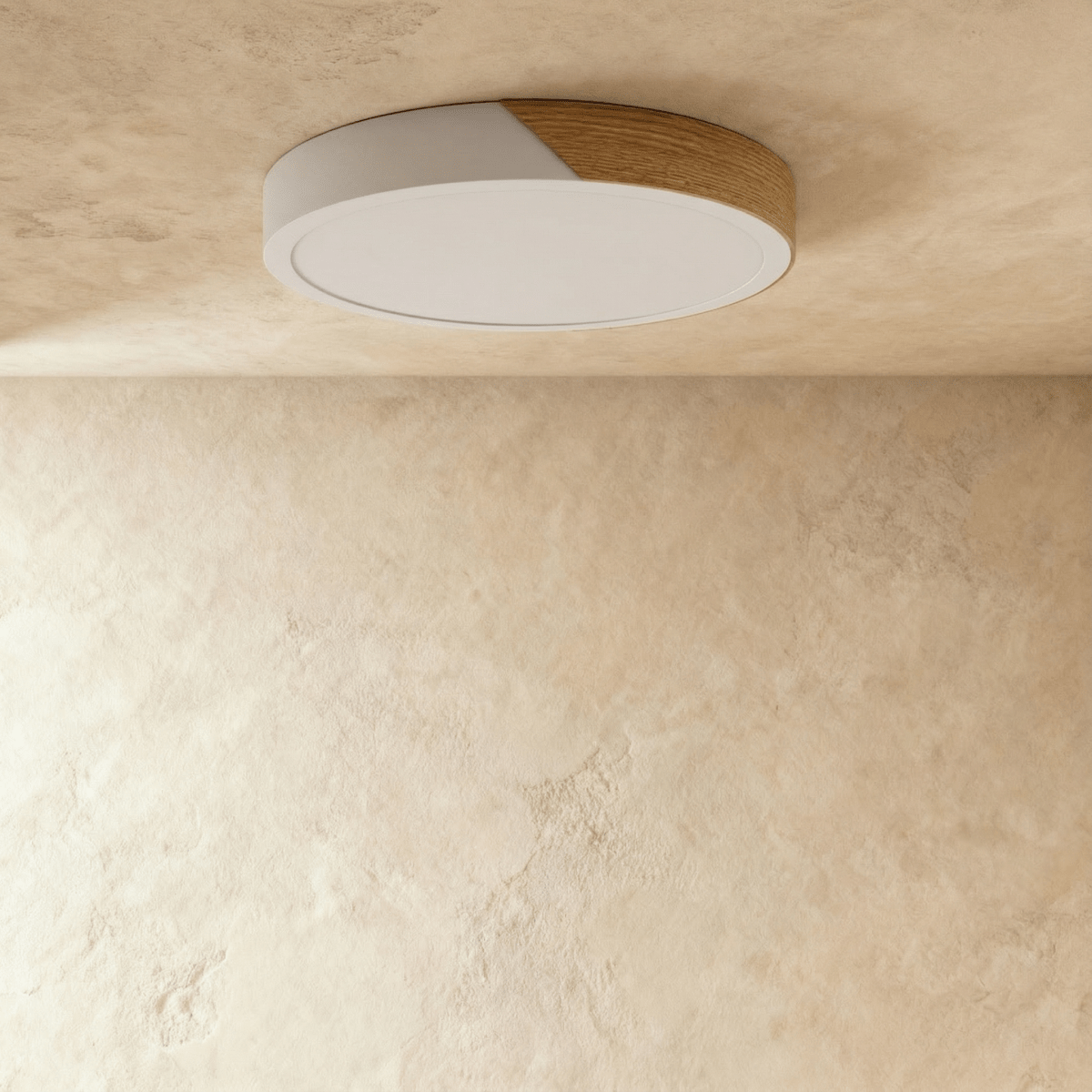 Clérachic round flush ceiling light in white and wood, switched off, with a fine step visible where the diffuser meets the rim.