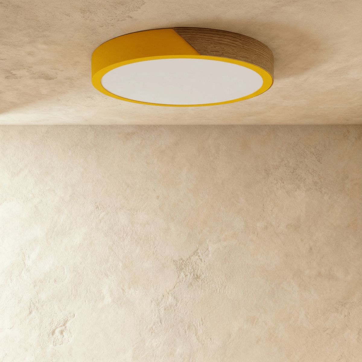 Clérachic round flush ceiling light in golden yellow and wood, unlit, the wood grain running the length of the band.