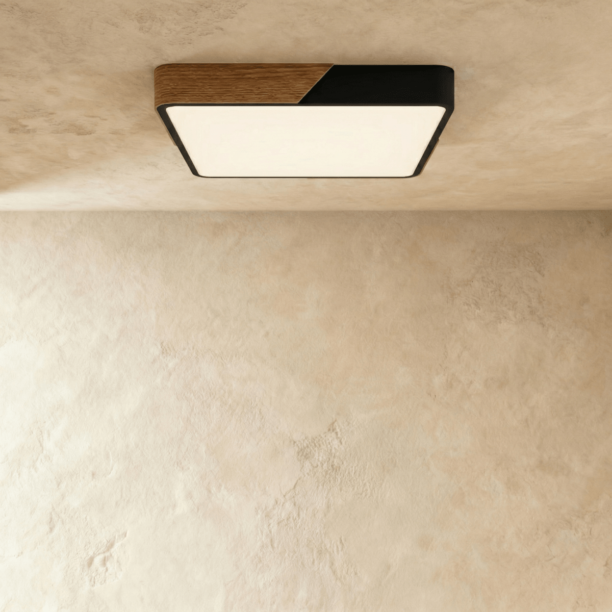 Clérachic square flush ceiling light in black and wood, lit warm, its rounded corners softening the panel seen from below.