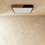 Clérachic square flush ceiling light in black and wood, switched off, the wood section carrying across one end and over the top face.