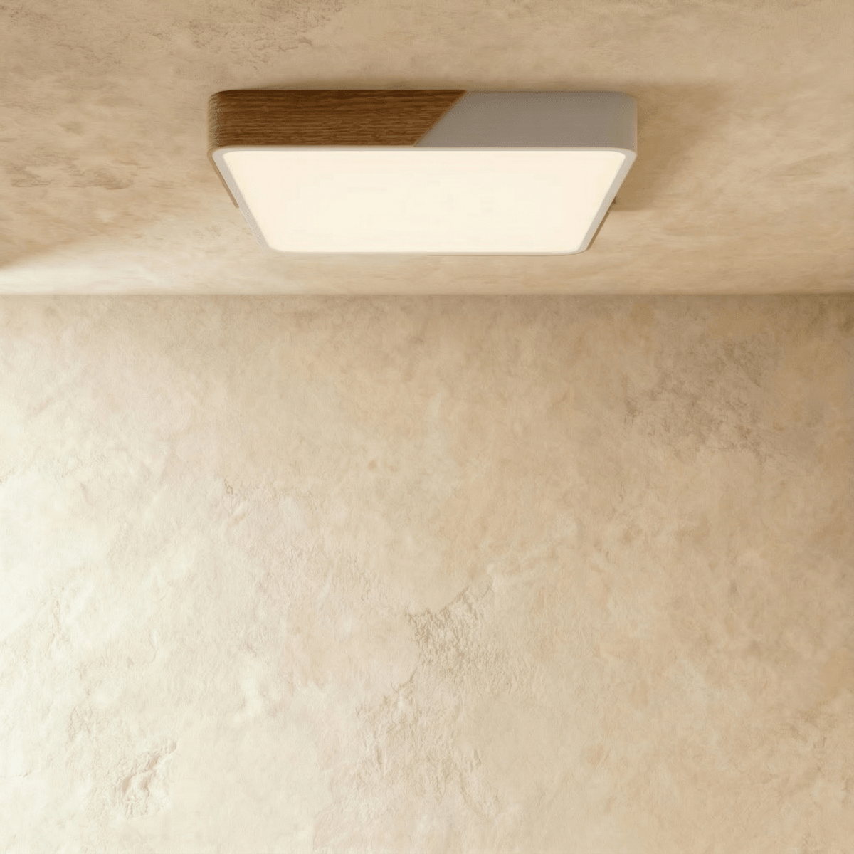 Clérachic square flush ceiling light in white and wood, lit warm, its panel filling the full square beneath the rim.