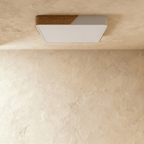 Clérachic square flush ceiling light in white and wood, unlit, its shallow body sitting close against the plaster ceiling.