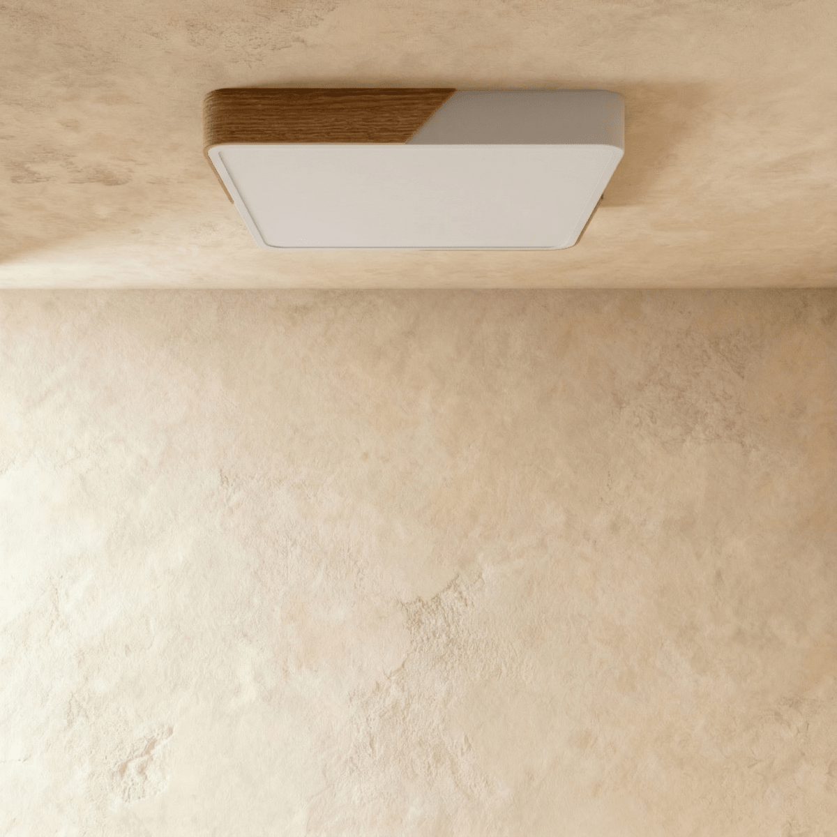 Clérachic square flush ceiling light in white and wood, unlit, its shallow body sitting close against the plaster ceiling.