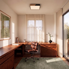 Clérachic square flush ceiling light in black and wood, mounted above a walnut desk and leather chair in a sunlit home office.