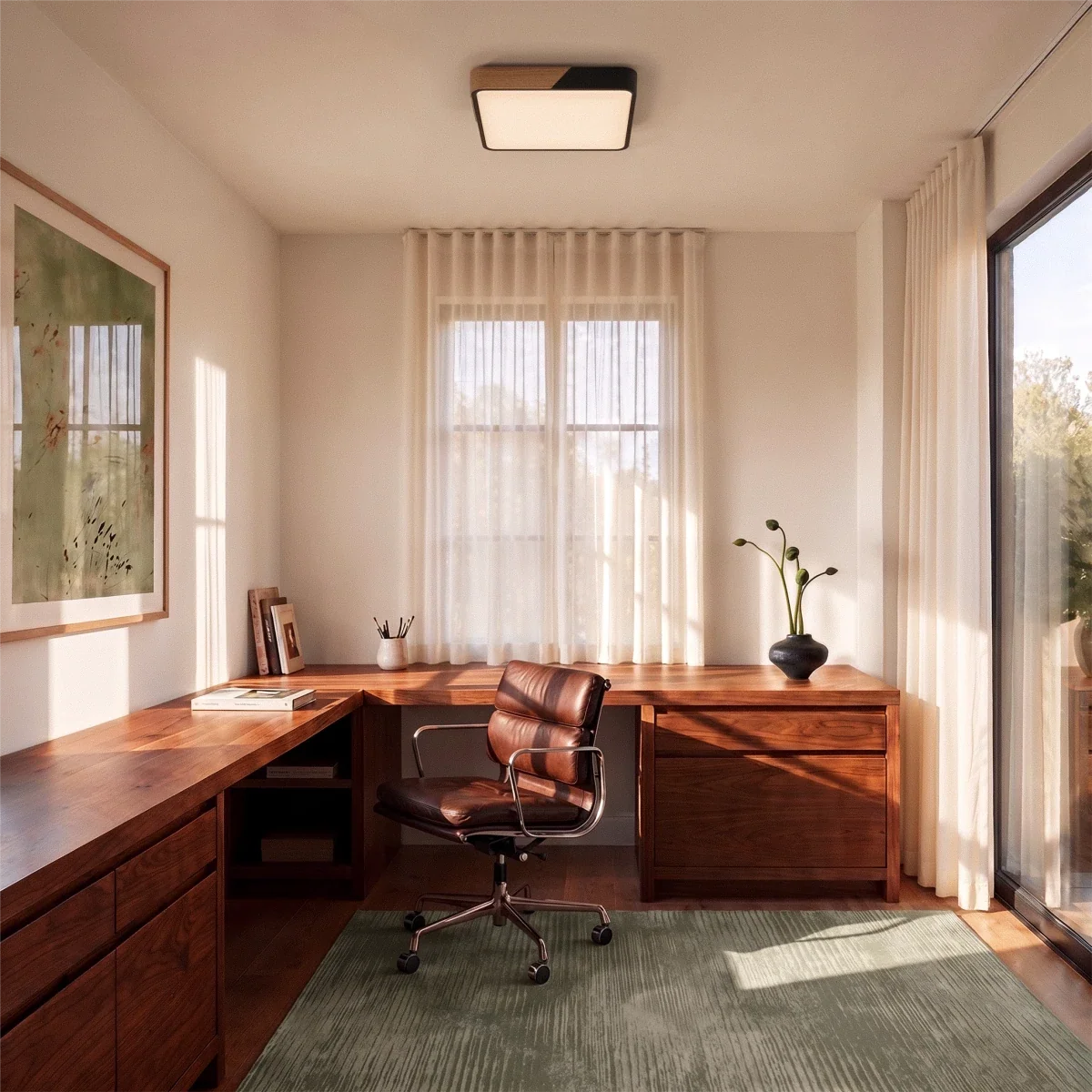 Clérachic square flush ceiling light in black and wood, mounted above a walnut desk and leather chair in a sunlit home office.