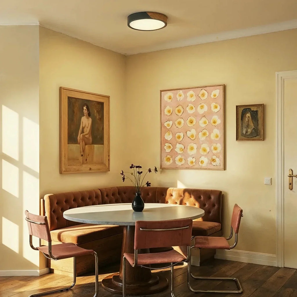 Clérachic round flush ceiling light in black and wood, set on the ceiling above a tufted banquette dining nook lined with framed pictures.