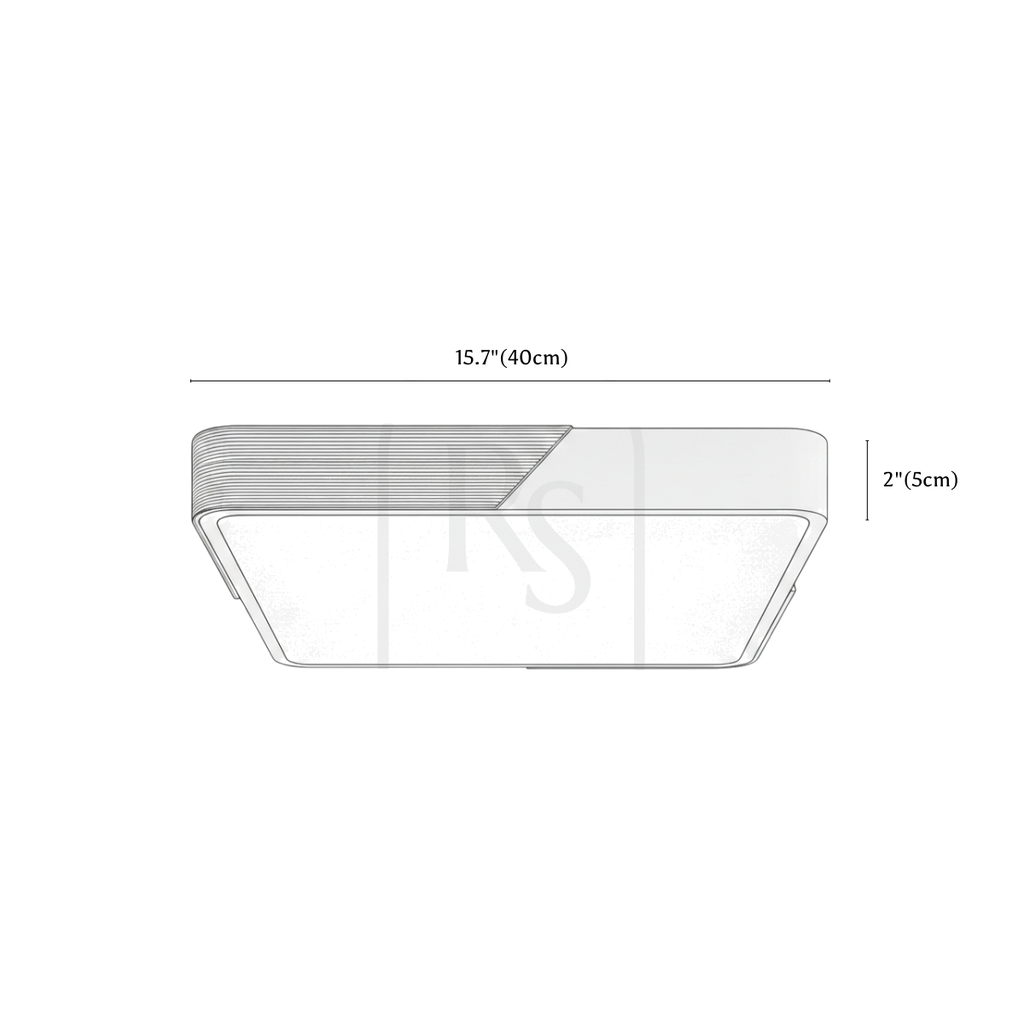 Clérachic ceiling light dimension drawing, Square, L, every measurement marked in centimetres and inches.