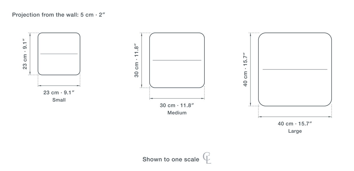 Technical dimension drawing of the Square Wood Ceiling Light in all 3 sizes — 23 × 23 cm (9.1 × 9.1″), 30 × 30 cm (11.8 × 11.8″), 40 × 40 cm (15.7 × 15.7″), 5 cm (2″) deep, drawn to one scale.