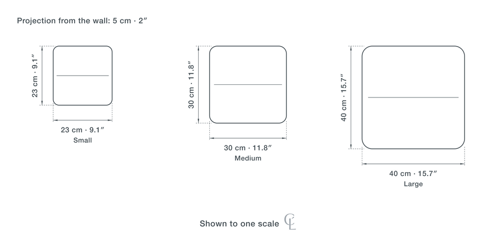 Technical dimension drawing of the Square Wood Ceiling Light in all 3 sizes — 23 × 23 cm (9.1 × 9.1″), 30 × 30 cm (11.8 × 11.8″), 40 × 40 cm (15.7 × 15.7″), 5 cm (2″) deep, drawn to one scale.
