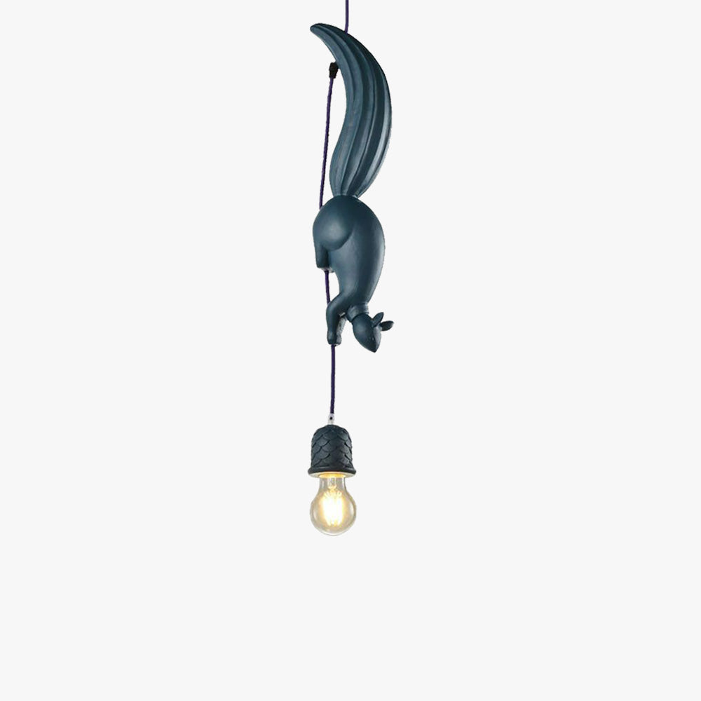 Studio shot of a single dark blue Clérachic squirrel and pinecone pendant light with an exposed filament bulb below.