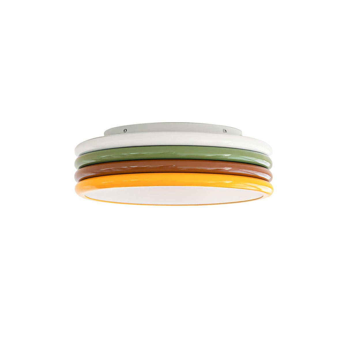 Clérachic ceiling light on a white background, its four coloured rings stacked above an unlit white diffuser.