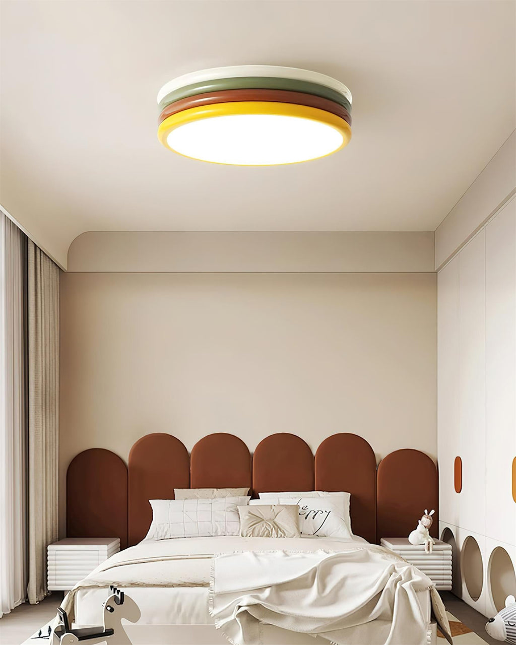Clérachic ceiling light in a tall cream bedroom with a scalloped terracotta headboard panel and a white bed.