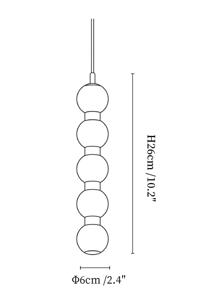 Clérachic pendant light dimension drawing, 1 of 4, every measurement marked in centimetres and inches.
