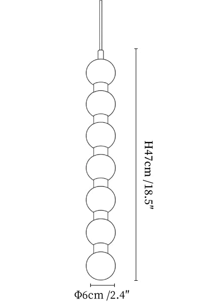 Clérachic pendant light dimension drawing, 2 of 4, every measurement marked in centimetres and inches.