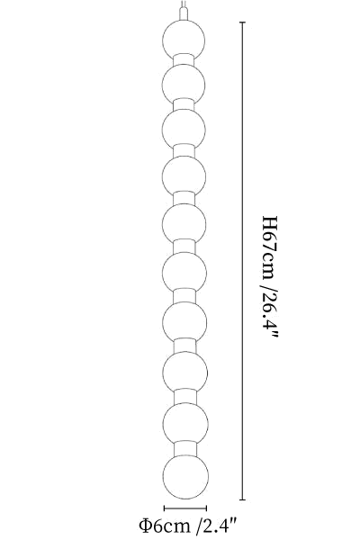 Clérachic pendant light dimension drawing, 3 of 4, every measurement marked in centimetres and inches.