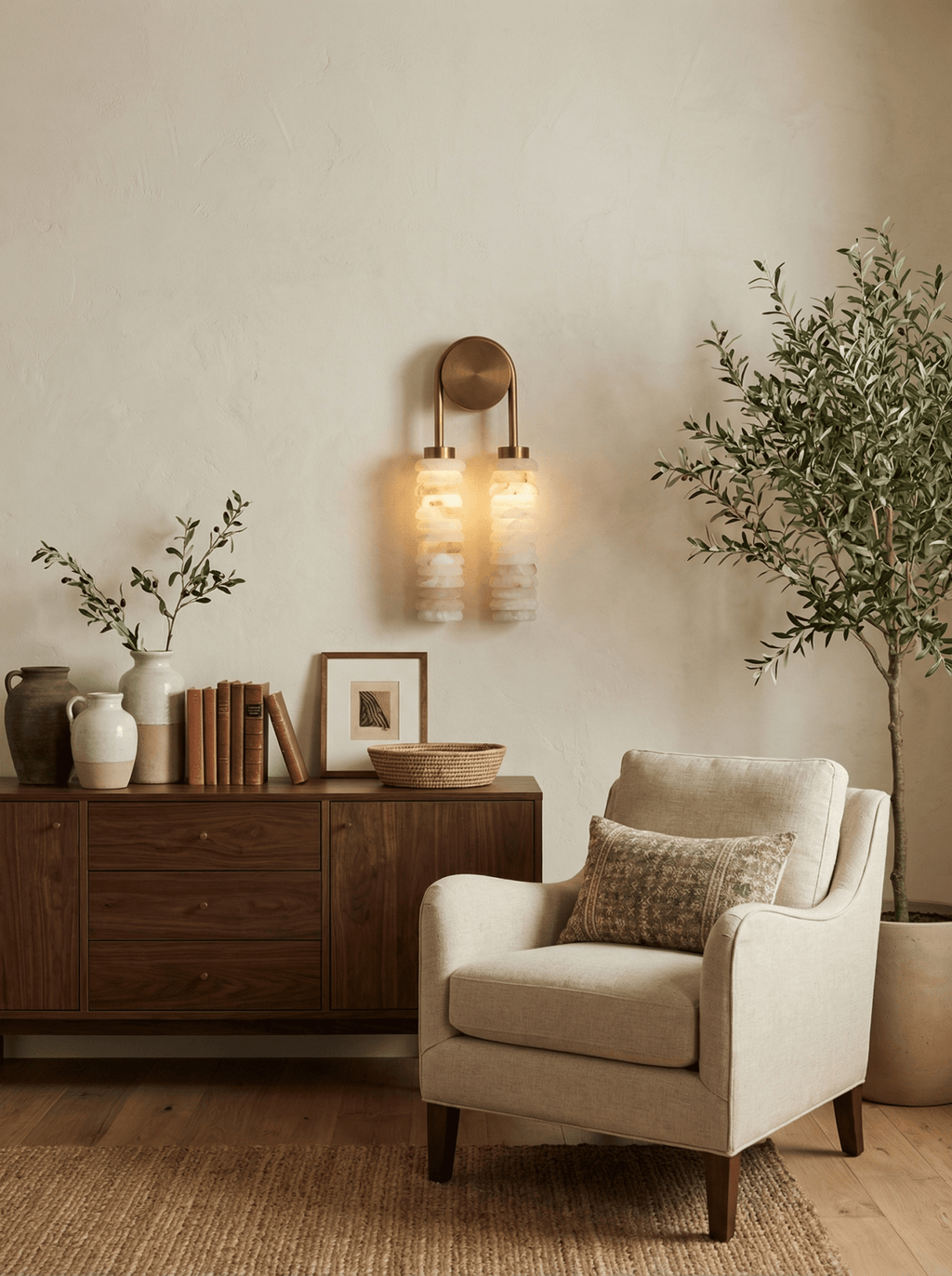 Lit Clérachic alabaster sconce above a walnut sideboard, beside a linen armchair and a potted olive tree in a warm cream room.