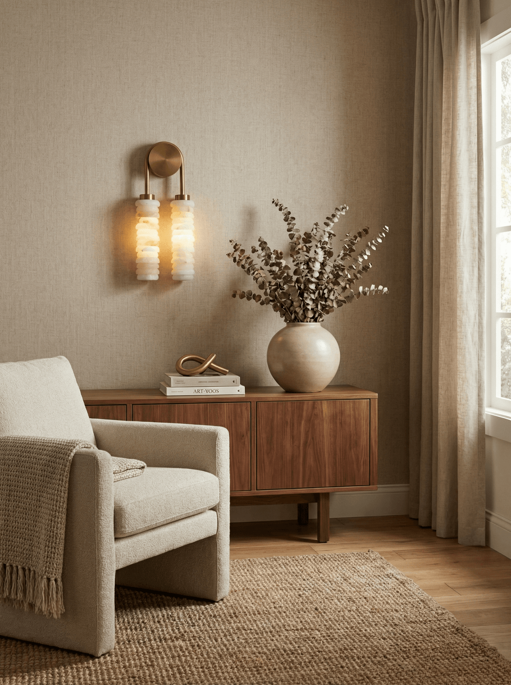 Clérachic wall sconce glowing above a walnut sideboard with a dried-flower vase, a boucle armchair and a knitted throw beside it.