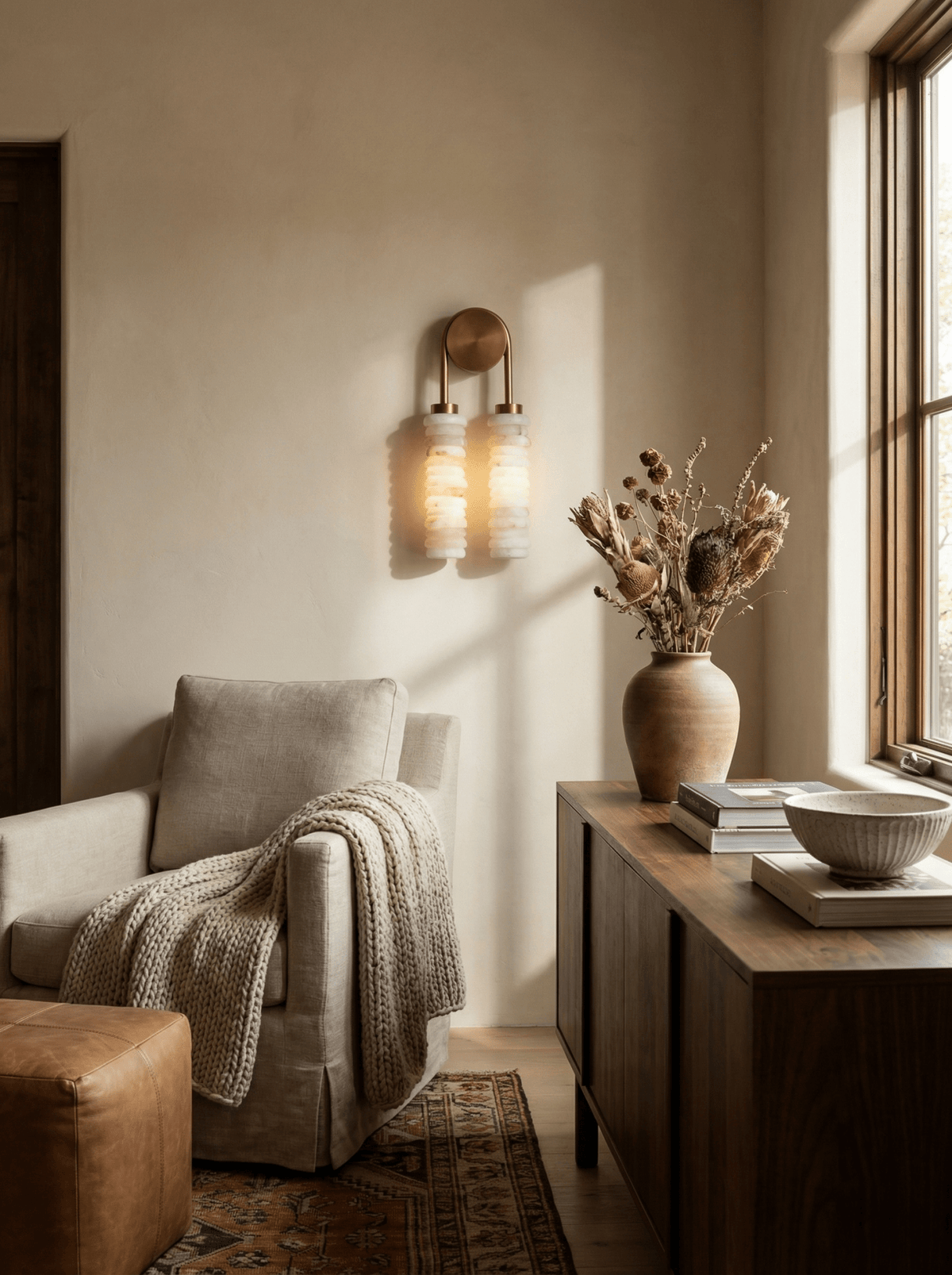 Beside a tall window, this Clérachic sconce lights a cream wall above a linen armchair, a leather pouffe and a dark wood console.