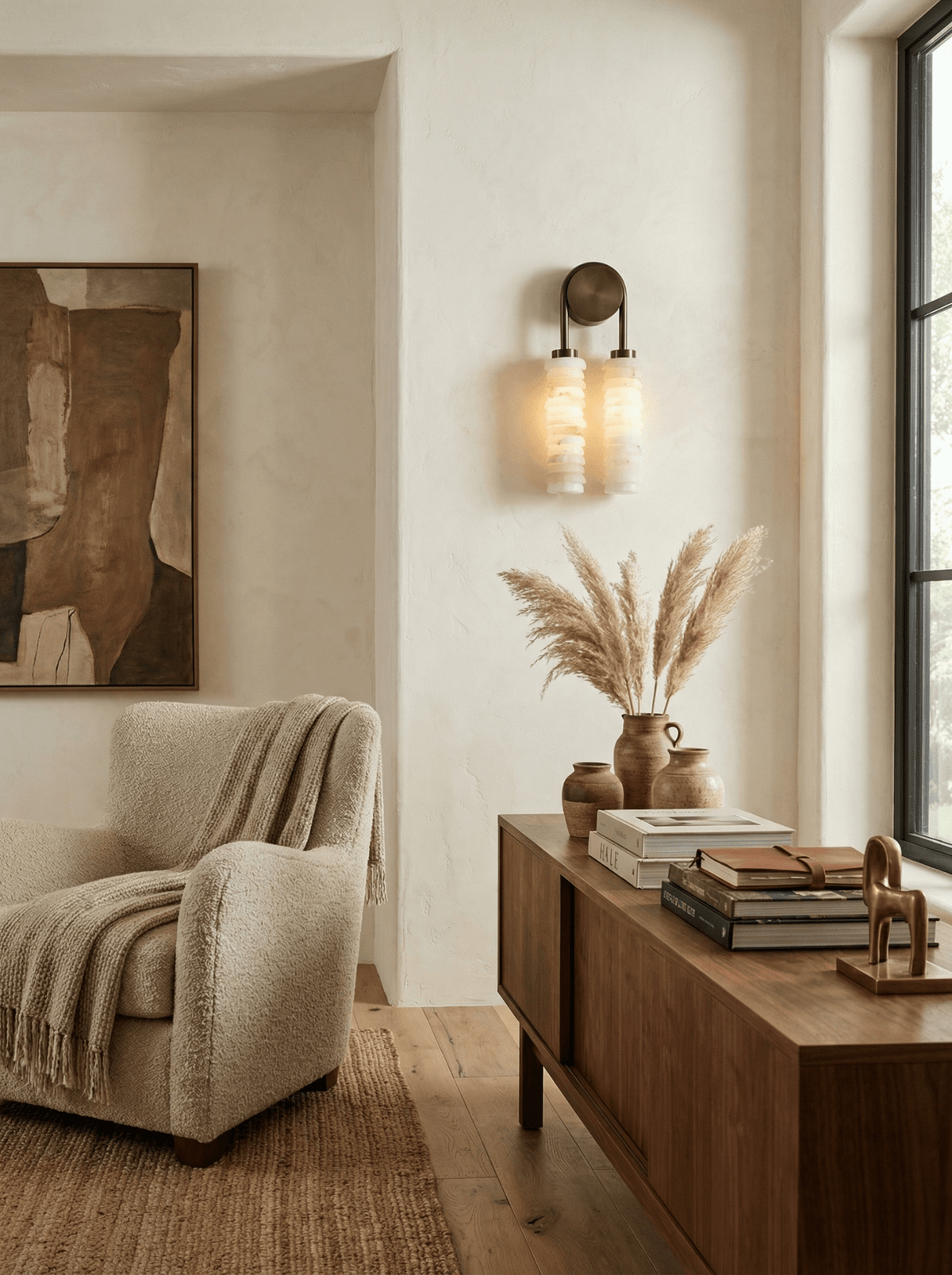 Clérachic alabaster sconce lit on a cream plaster wall, with an abstract painting, pampas grass and a wooden console below.