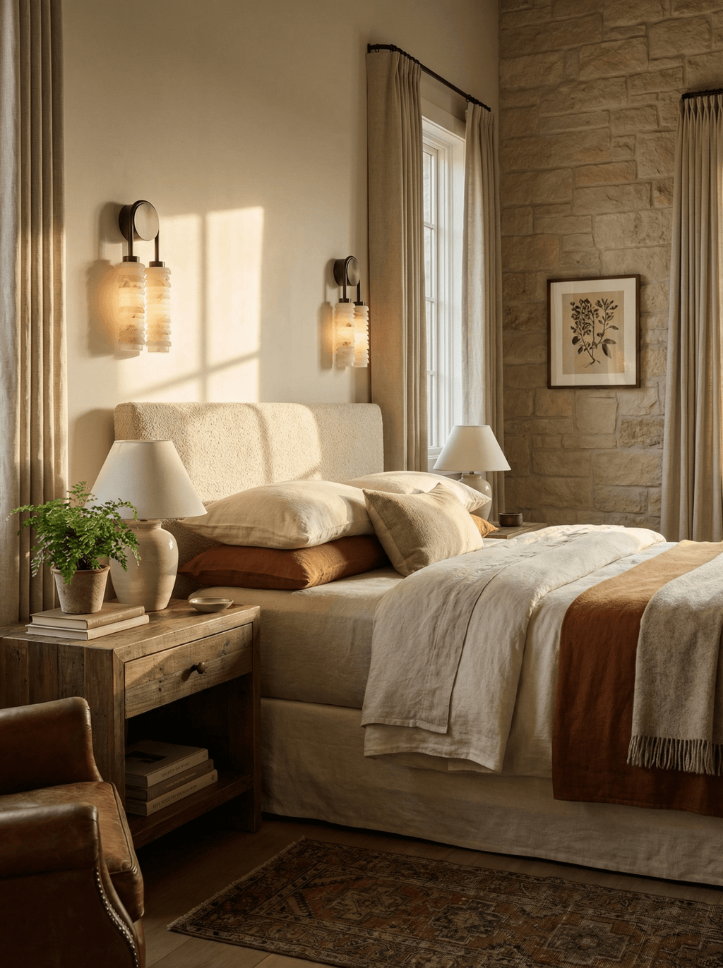 Two Clérachic sconces flank a bed with rust and cream bedding, one lit above the headboard and one on the stone-faced wall.