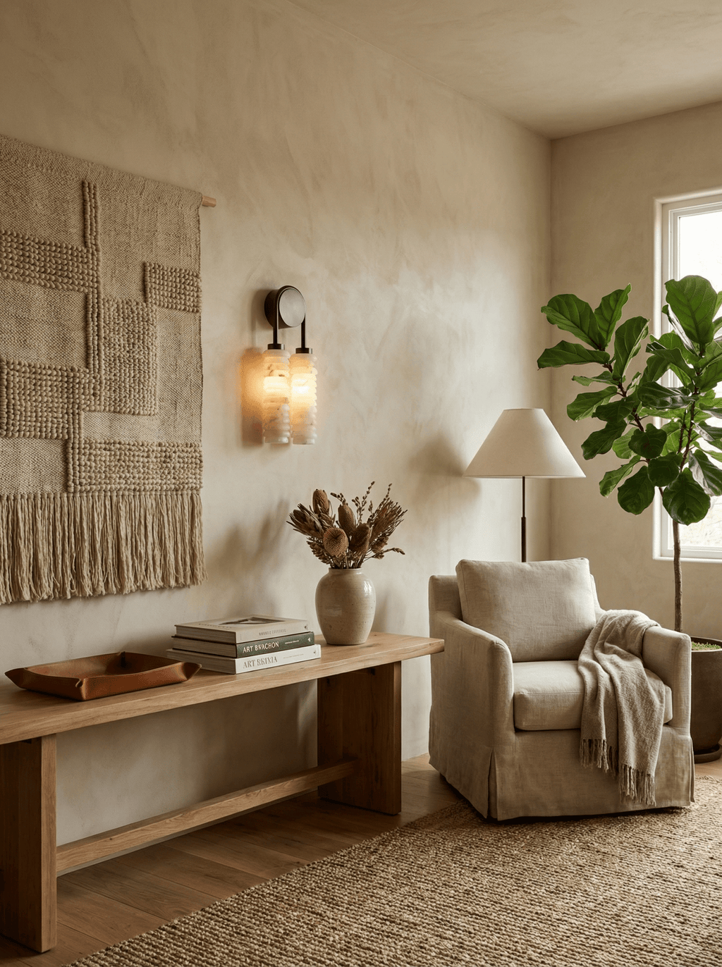 Clérachic sconce lit above a wooden bench in a sunlit corner, with a woven wall hanging, a fiddle-leaf fig and a pale armchair.