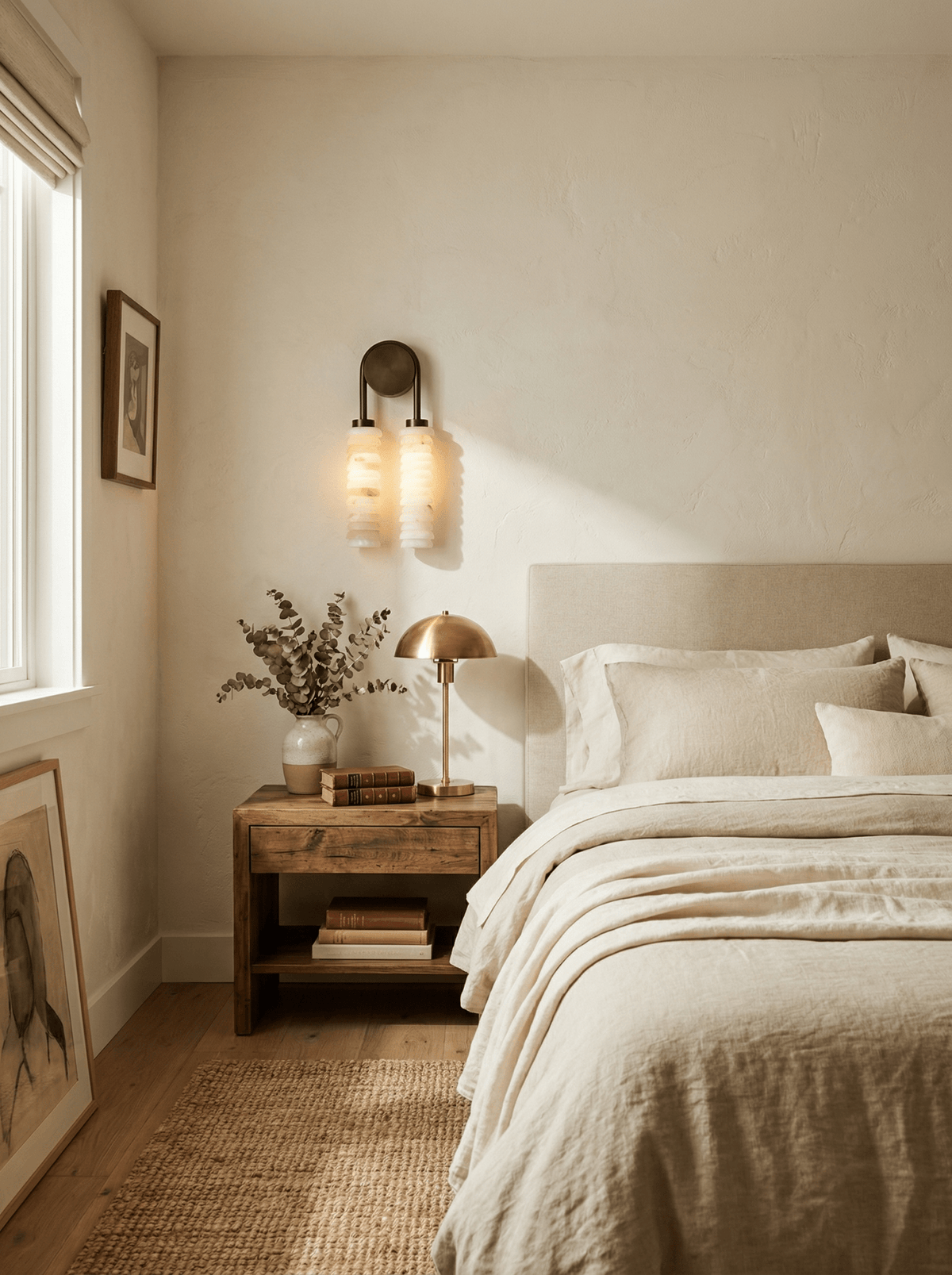 Clérachic wall sconce glowing above a rustic bedside table and a brass lamp, with a linen-covered bed beside it.