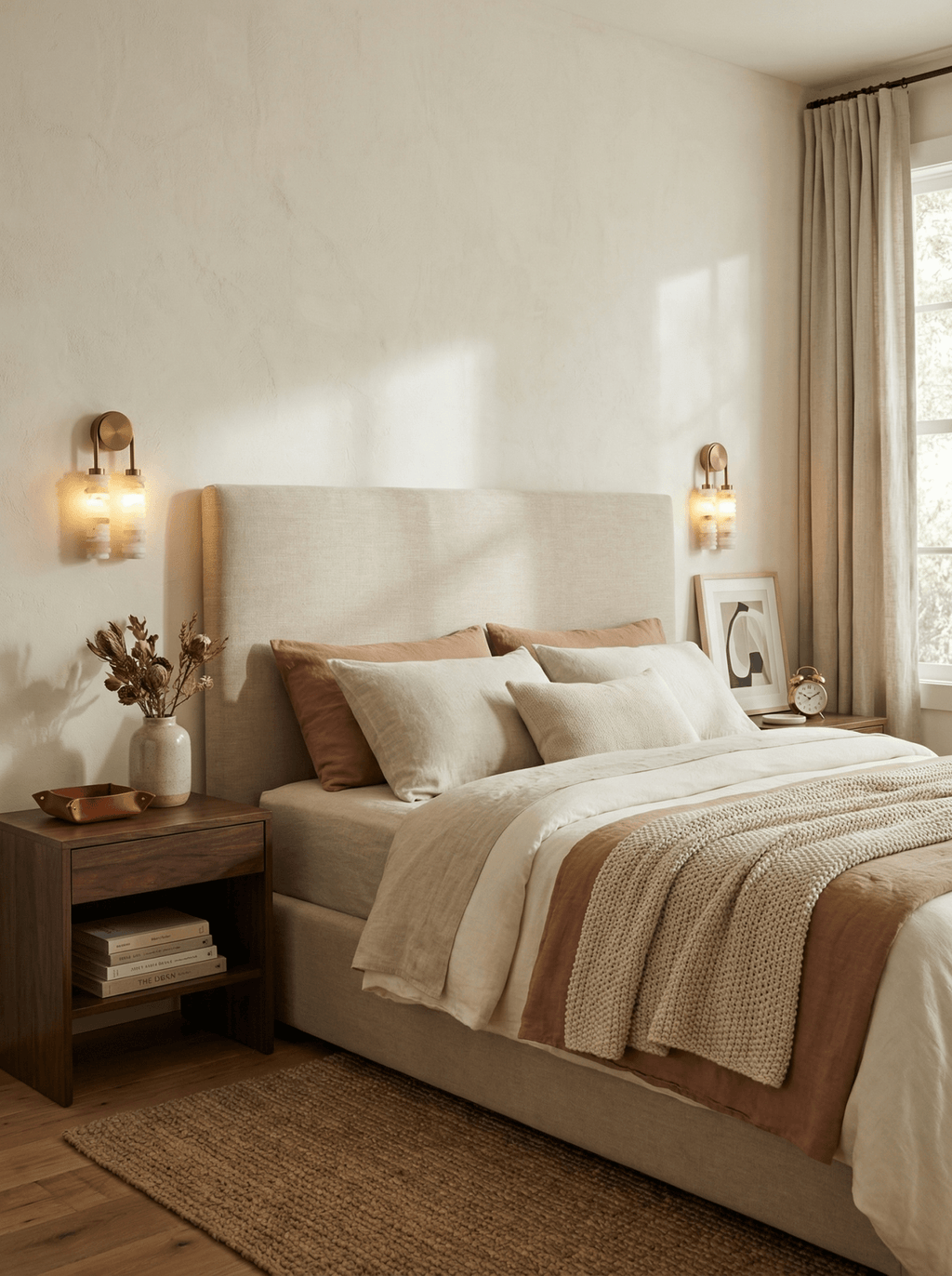 Pair of Clérachic sconces lit either side of an upholstered headboard, over a rustic nightstand and a bed layered in cream and terracotta.