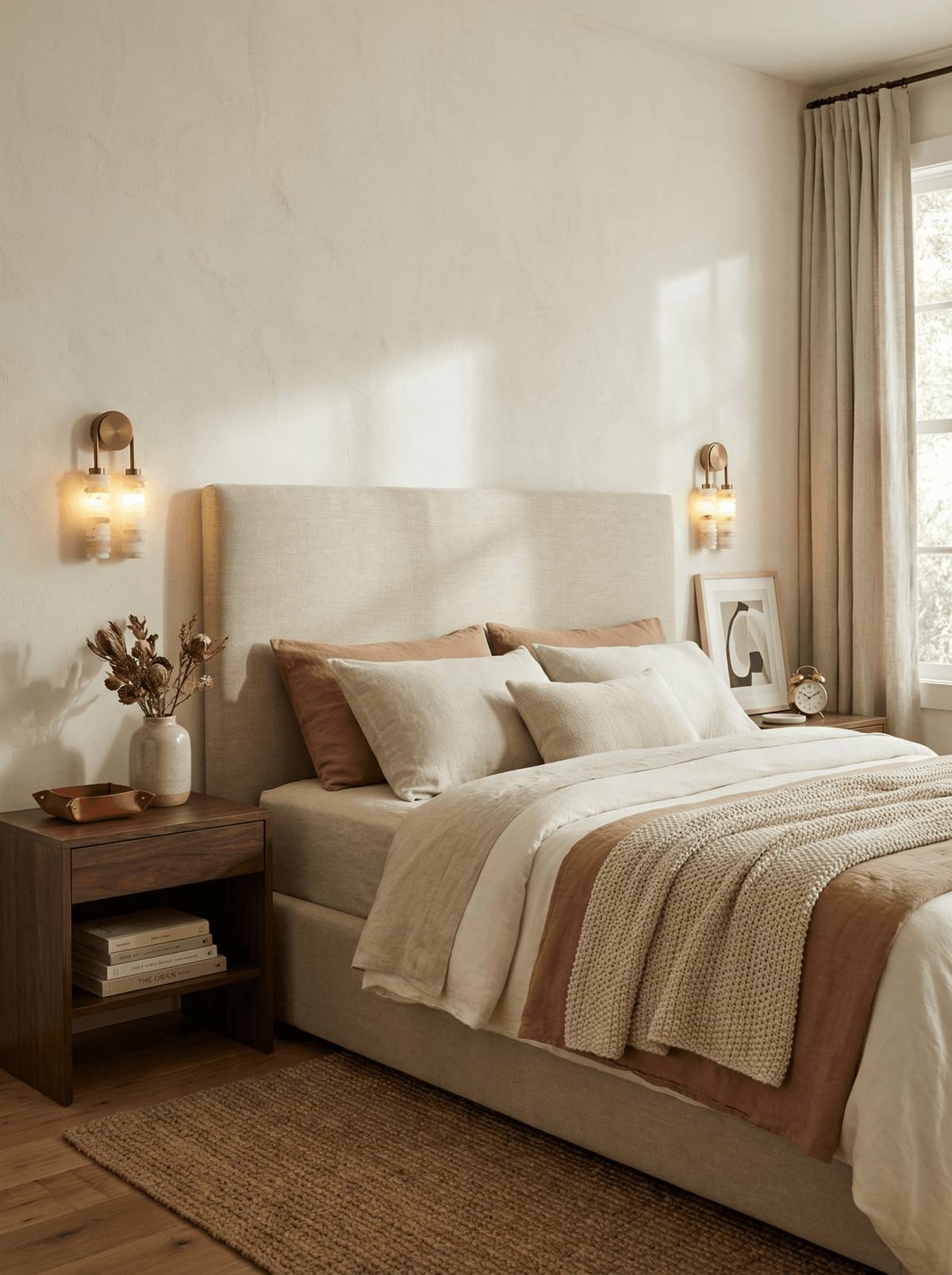 Pair of Clérachic sconces lit either side of an upholstered headboard, over a rustic nightstand and a bed layered in cream and terracotta.
