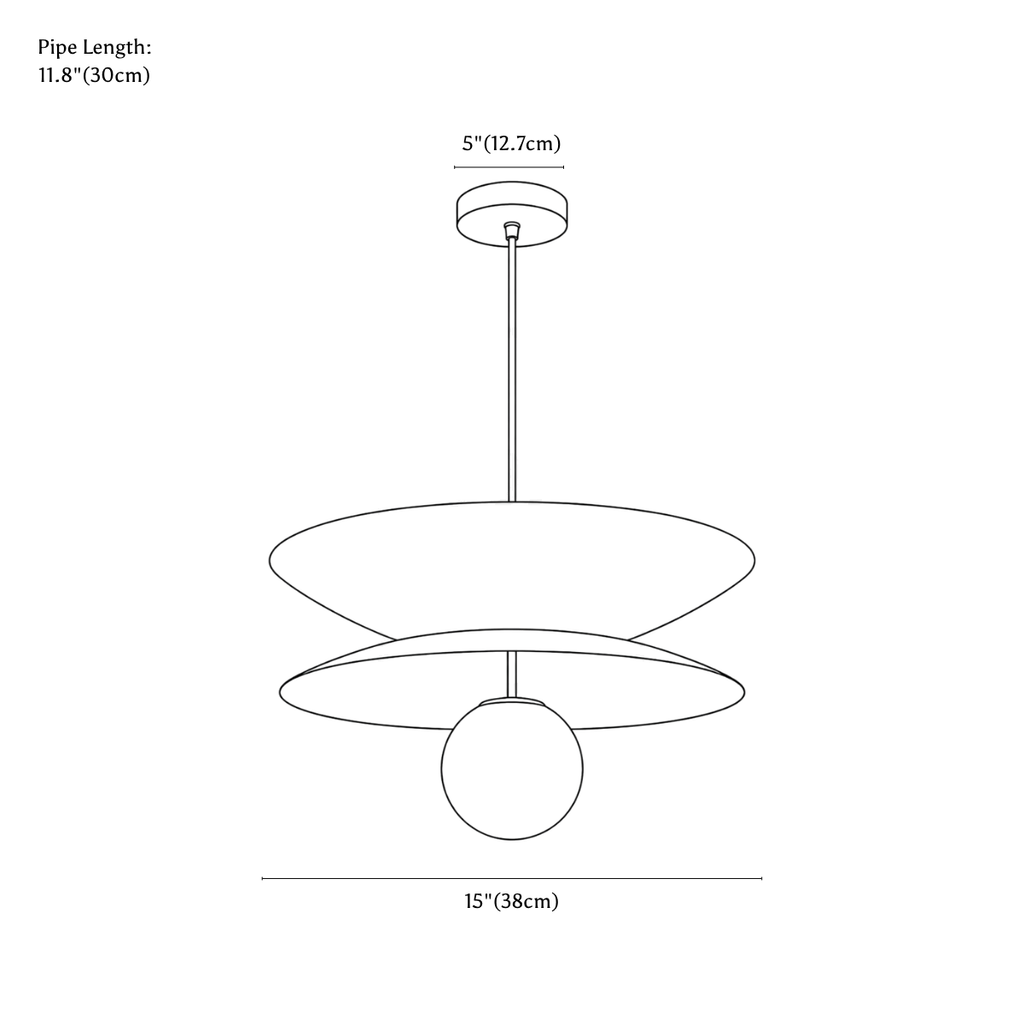 Clérachic pendant light dimension drawing, every measurement marked in centimetres and inches.