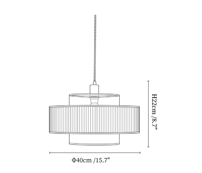 Clérachic pendant light dimension drawing, 1 of 3, every measurement marked in centimetres and inches.