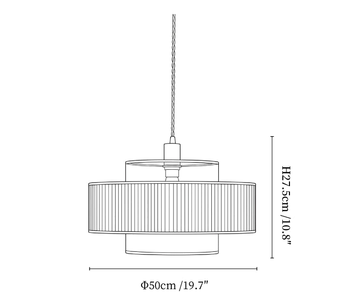 Clérachic pendant light dimension drawing, 2 of 3, every measurement marked in centimetres and inches.