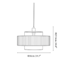 Clérachic pendant light dimension drawing, 2 of 3, every measurement marked in centimetres and inches.