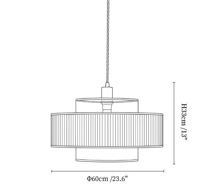 Clérachic pendant light dimension drawing, 3 of 3, every measurement marked in centimetres and inches.