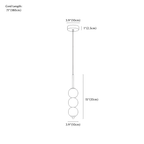Clérachic pendant light dimension drawing, 3 heads, every measurement marked in centimetres and inches.
