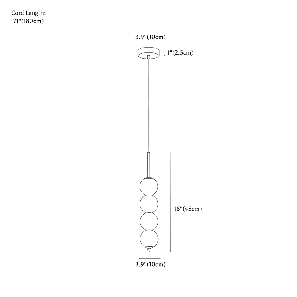 Clérachic pendant light dimension drawing, 4 heads, every measurement marked in centimetres and inches.