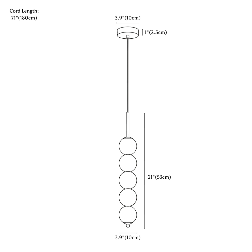 Clérachic pendant light dimension drawing, 5 heads, every measurement marked in centimetres and inches.