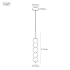 Clérachic pendant light dimension drawing, 5 heads, every measurement marked in centimetres and inches.