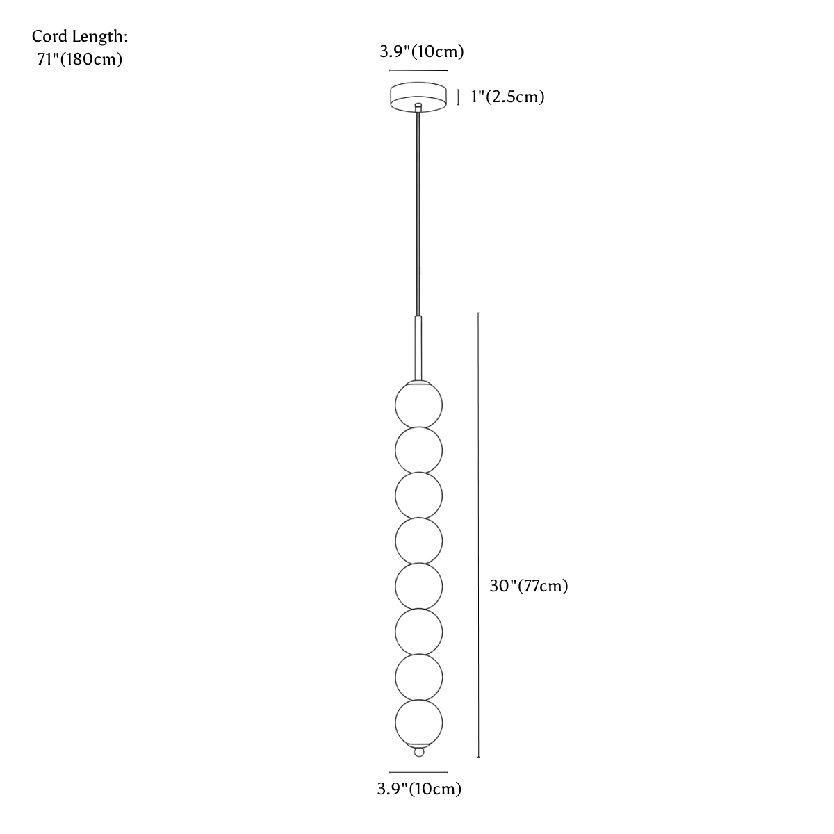 Clérachic pendant light dimension drawing, 8 heads, every measurement marked in centimetres and inches.