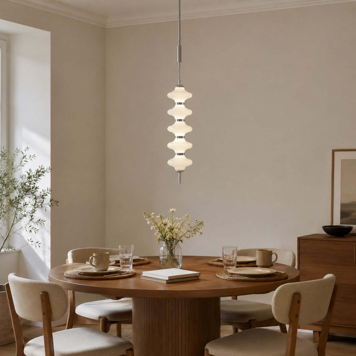 Clérachic pendant of stacked frosted glass discs hung over a round wooden dining table set with cups, a flower vase and wishbone chairs.
