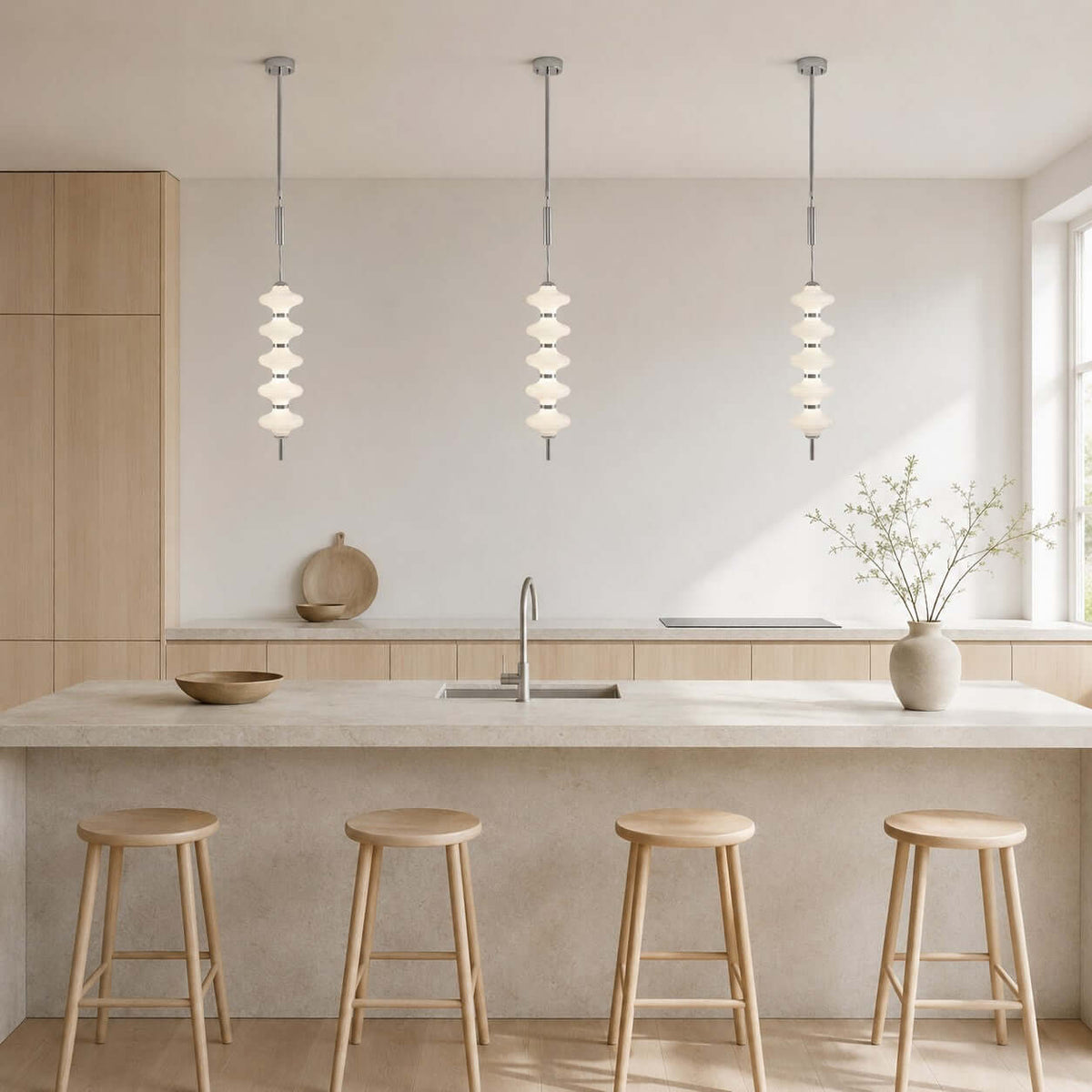 Three chrome and white Clérachic pendants in a row over a stone island with four pale wood stools, a window to one side.