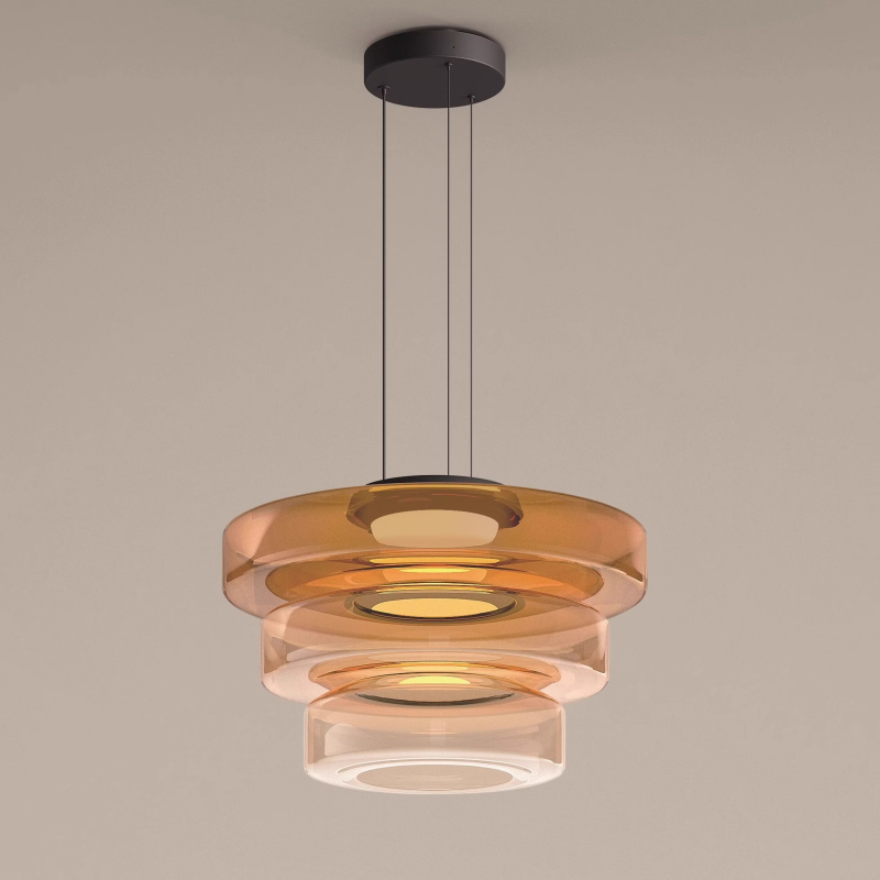 The Clérachic Stacked Glass Disc Pendant Light in its full three-tier amber build, each disc narrower and clearer as it drops.