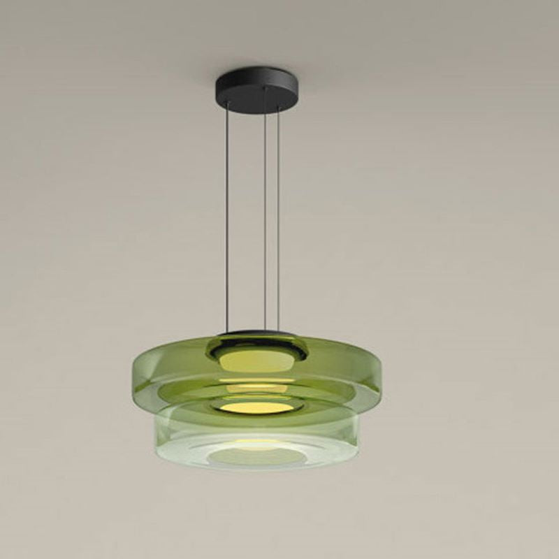 Two-tier green Clérachic Stacked Glass Disc Pendant Light, bottle-dark across the top disc and pale chartreuse in the lower drum.