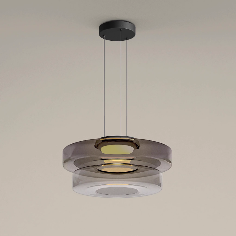 Two-tier Smoke Gray Clérachic Stacked Glass Disc Pendant Light, the clear lower drum showing the sealed diffuser inside it.