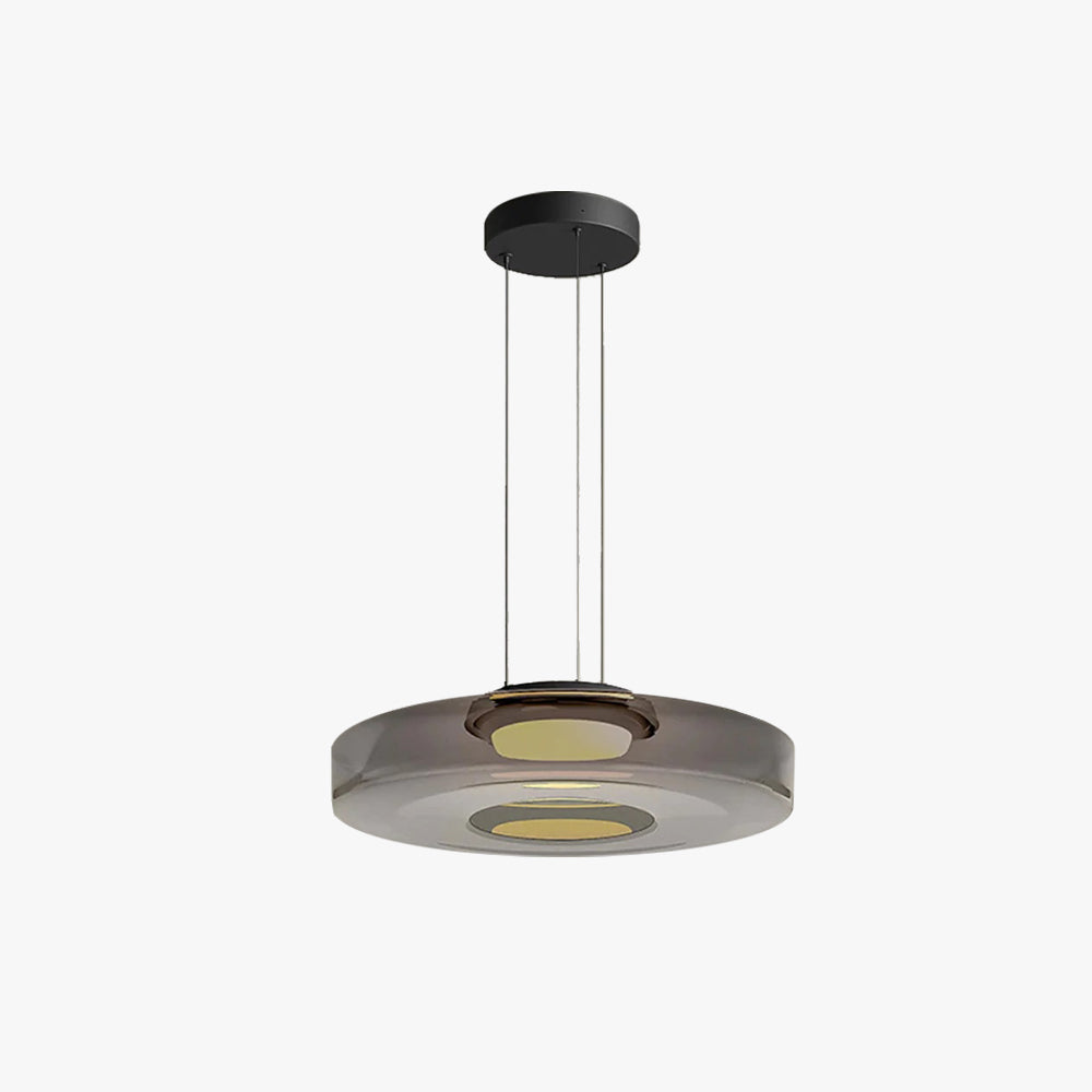 Clérachic Stacked Glass Disc Pendant Light shown on white with its full three-cable drop from the round black ceiling canopy.