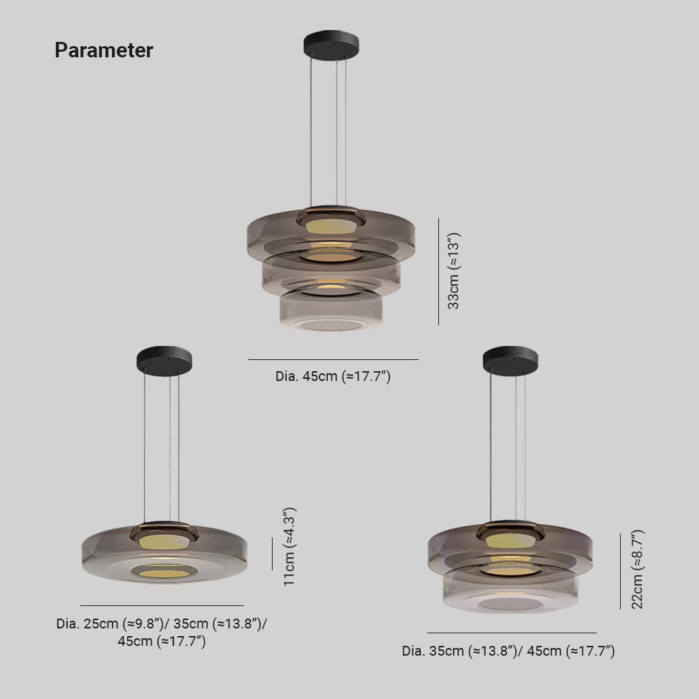 Dimension drawing for the Clérachic stacked glass disc pendant: Dia. 25/35/45 cm (9.8″/13.8″/17.7″), heights 11 cm (4.3″), 22 cm (8.7″), 33 cm (13″).